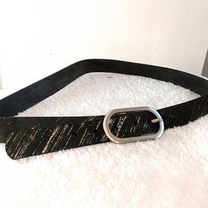 Vintage 1970s genuine leather belt, dark charcoal grey w gold metallic print